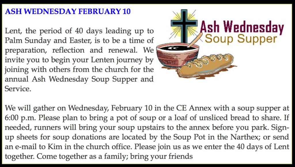 Soup Supper for Ash Wednesday Point Pleasant Presbyterian Church